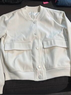 Women's White Bomber Jacket with Front Patch Pockets